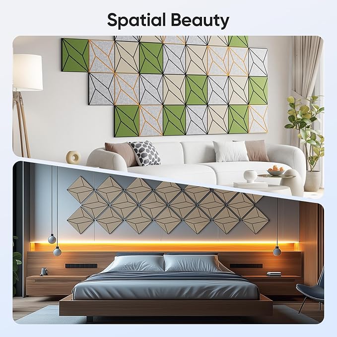UNECHO 12 Pack 12" X 12" X 0.47" Acoustic Panels for Wall Sound Absorbing, Dual-Color P-Stripes Square Self-Adhesive Sound Panels, High Density Suitable for Multiple Scenarios(Black+LightBrown)
