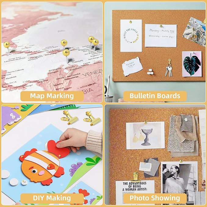 Gold Push Pins Set, 310 Pcs Decorative Thumb Tacks for Cork Board with Push Pin Hooks & Clips, 5 Styles Office Pushpins Set in Storage Box for Bulletin Board, Maps, Photos, Notes