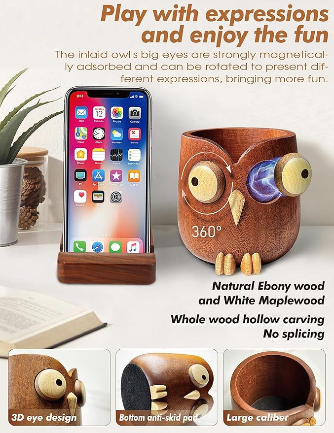 WODTILIFE Cute Owl Pen Holder for desk and walnut Phone Stand, Fun ebony pencil holder, magnetic rotating eyes, Single solid wood hollow design, for Office accessories School Home and Holiday Gifts.