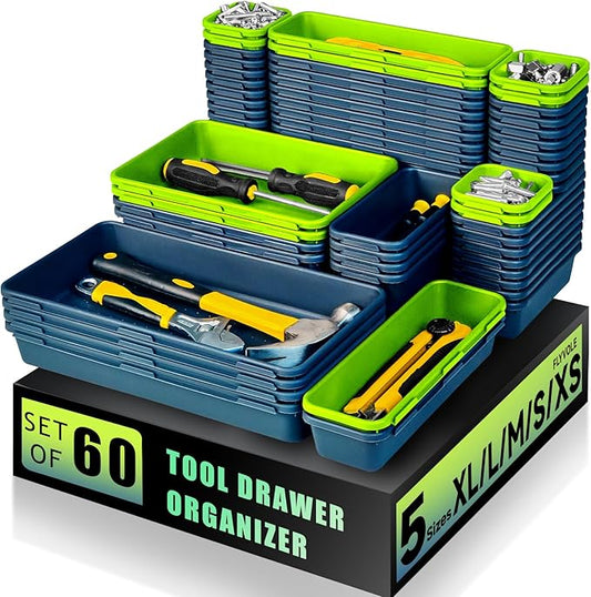 FLYVOLE Tool Box Organizer Tray, Toolbox Desk Drawer Organizer, Tool Box Tray, Toolbox Organization Storage for Rolling Tool Chest (60PCS (Blue+Green))
