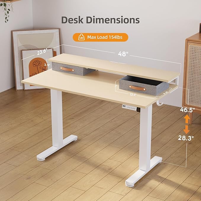 Claiks Electric Standing Desk with 2 Drawers, Adjustable Standing Desks with Storage, Height Adjustable Stand up Desk for Home Office with 2 Hooks,48 Inch Natural