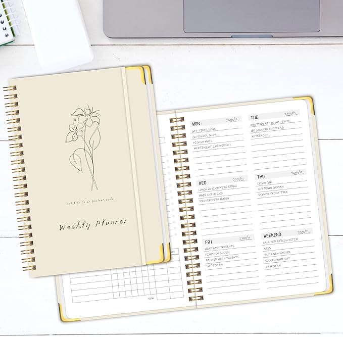 Undated Weekly Planner with Metal Corner Hardcover Notebook , A5 Size Journal with To Do List Planner, Habit Tracker,Weekly Goals for ADHD,Student, Office, Women, Men ,Gifts,6 x 8 inches，Spiral Bindding ,Beige