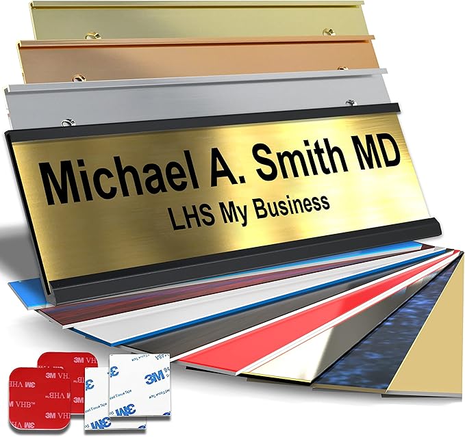 Personalized Name Plate with Choice of Mounting Holders for Walls, Doors, Cubicles, Hanging and More - Custom Brushed Brass Plastic Black Letters - USA Made 2x12 - M6