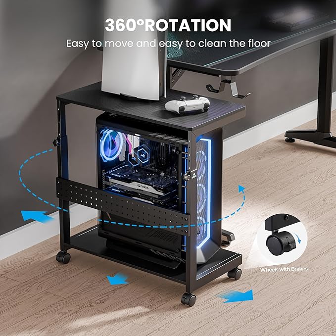 EUREKA ERGONOMIC PC Stand Computer Cart, Height Adjustable Tower Stand 2-Tier Suit for ATX Case Printer, Metal Rolling Cart on Wheels for Gaming Home Office, Carbon Fiber