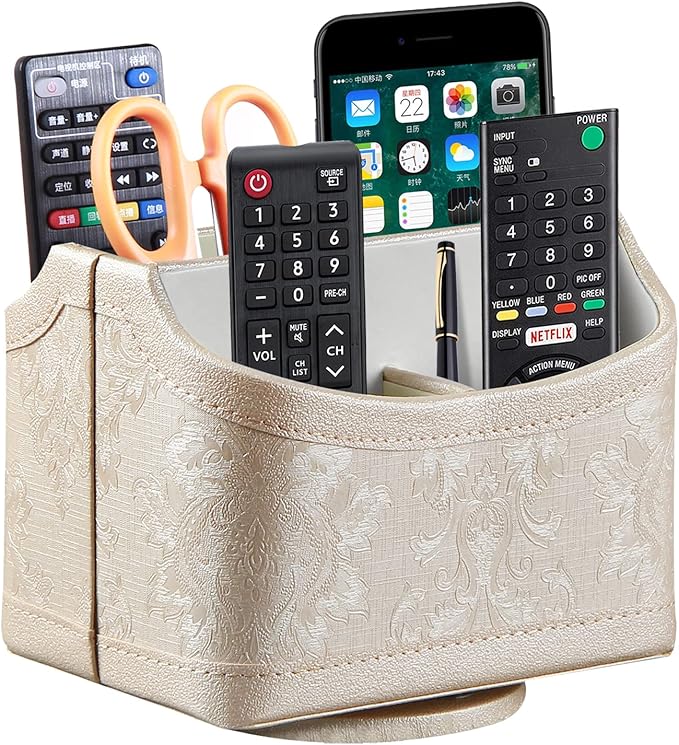 PUSU Leather 360°Rotatable Remote Control Holder,Nightstand TV Remote Caddy,Office Supplies Desktop Organizer,Spinning Storage Box for Pen,Mail,Phone,DVD, Blu-Ray, Media Player, Heater Controllers