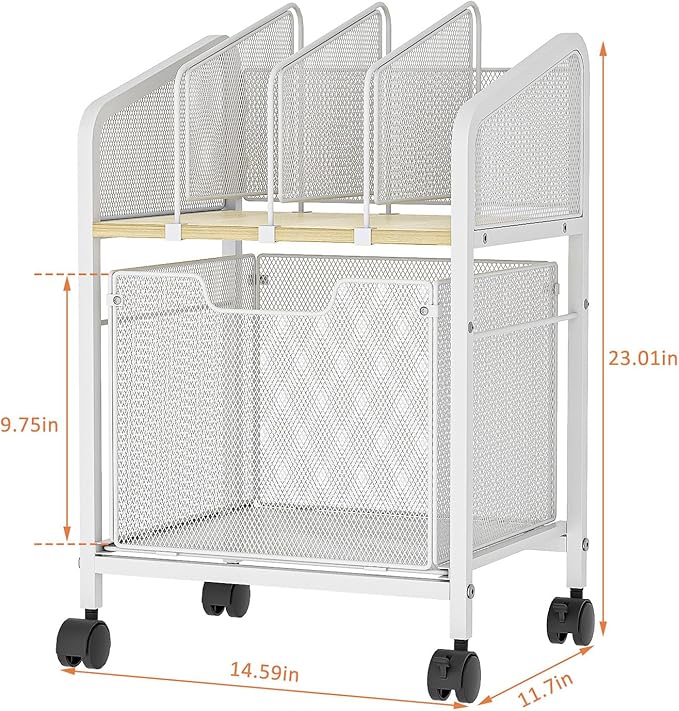 Tiaoheka Rolling File Cabinet with Adjustable Dividers, Mobile Filing Cabinet with Storage Drawer on Lockable Wheels, Hanging File Organizer Beside Under Desk for Office, Home, White（Patent Pending）