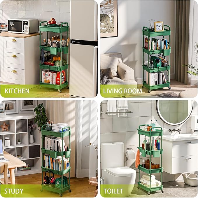 Sorgion 4 Tier Rolling Cart Organizer,Art Craft Diaper Bedside Snack Laundry Room Bathroom Organizer Narrow Thin Slim Rolling Trolley Utility Cart with Wheels for Kitchen,Office(Green)