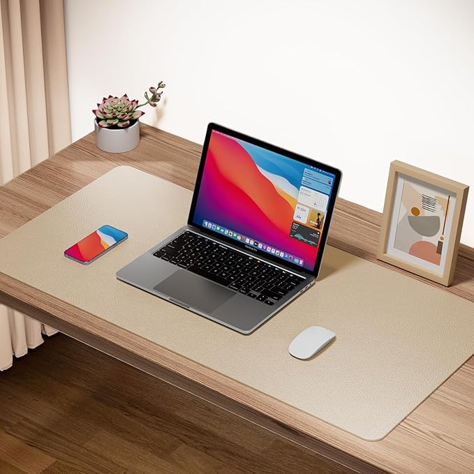 Boutilon Leather Desk Pad Protector,Non-Slip Mouse Pad,Laptop Desk Pad,Office Mouse Mat,Waterproof Leather Desk Blotter,Desk Writing Pad for Office and Home (XXL-Beige,47.2"x 17")