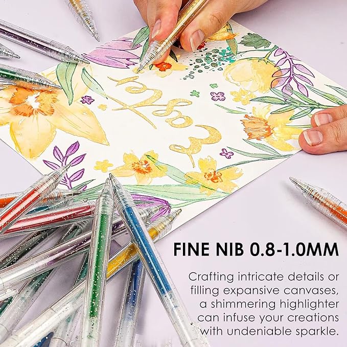 Grabie Glitter Gel Pens, 18 Colors Metallic Glitter Pens & Gel Ink Pens for Adult Coloring Books, Journaling, Drawing, Scrapbooking & DIY Crafts – Retractable Sparkle Pens, Smooth & Non-Toxic