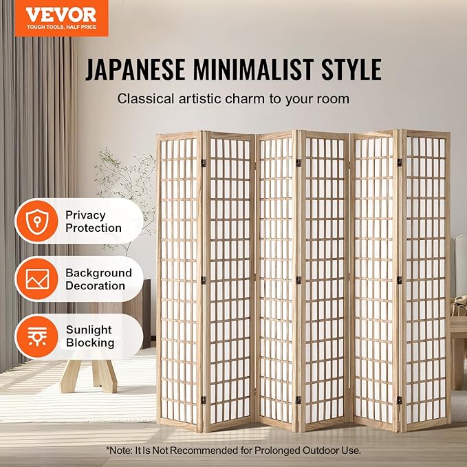 VEVOR Room Divider, 6 Panel Japanese Room Divider, Wood Folding Privacy Screen Indoor, Partition Dividers Portable Decoration Screens, for Room Separation Home Office Restaurant & Bedroom(Natural)