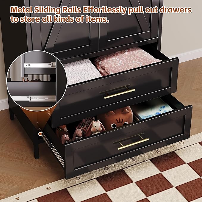 SUPEER Metal Wardrobe Cabinet with 2 Drawer and Hanging Rod, 70.9" H Metal Armoire Wardrobe Closet with Adjustable Shelf for Bedroom, Laundry Room, Home,Office,Installation Required,Black