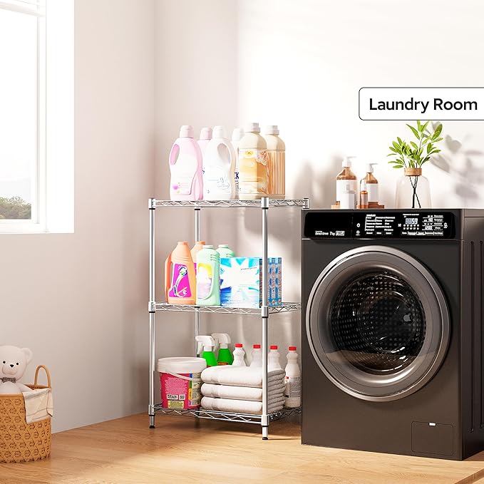 M MZG 3 Tiers Shelf Metal Storage Shelves Wire Rack Closet Organizers with Wheel for Garage Kitchen Bathroom Laundry Chrome 11.8" D x 17.7" W x 28.8" H