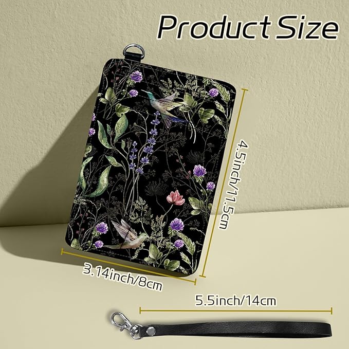 BWEGRHE Small Travel Wallets, Wild Flower Hummingbird Slim Minimalist Front Pocket Wallet with Wristlet, RFID Blocking PU Leather Credit Card Holder with ID Window Change Purse for Men Women