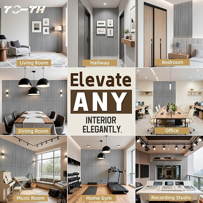 TO-TH Wood-Look Acoustic Wall Panels, 10 Pack 47.2” x 23.6” Sound Panels, Decorative Wood Panels for Wall Sound Dampening Panels for Home, Office, Basement, Gray Oak with Mitered Edges