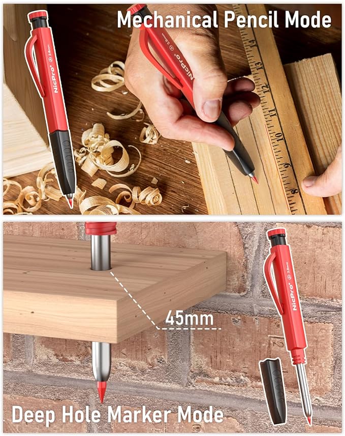 Nicpro 3 Pack Carpenter Pencil Set with Sharpener & Finger Grip, Mechanical Woodworking Pencils with 39 Refills (Red, Black, Yellow), Deep Hole Marker Heavy Duty Construction Pencils - With Case
