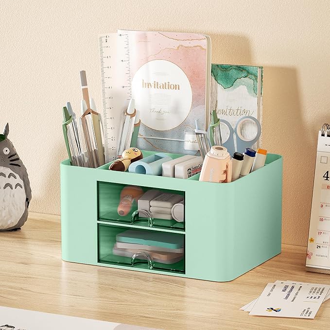 Marbrasse Pen Organizer with 2 Drawer, Multi-Functional Pencil Holder for Desk, Desk Organizers and Accessories with 5 Compartments + Drawer for Office Art Supplies (Green)