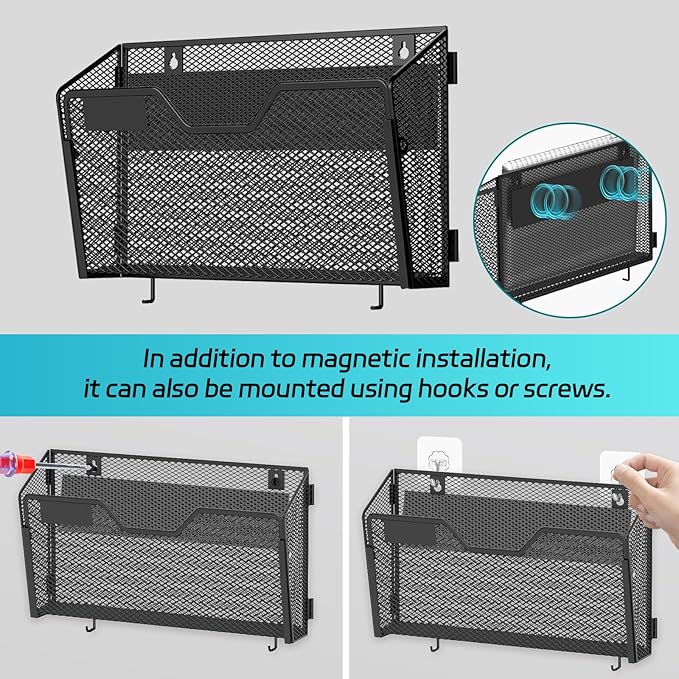 SUPEASY Magnetic File Holder, 3 Pack File Folder Organizer, Wall File Organizer, No Drilling Paper Document Holder & Binder Holder for Home / Office (with Label Panel, 8 * Adhesive Wall Hook)