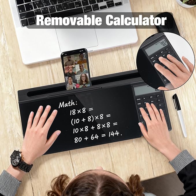 Glass Desktop Whiteboard with Calculator & Storage, Desk Dry Erase Note Memo Board, Compact Desk Organizer for Desk, Office, School Supplies, Black, 2026
