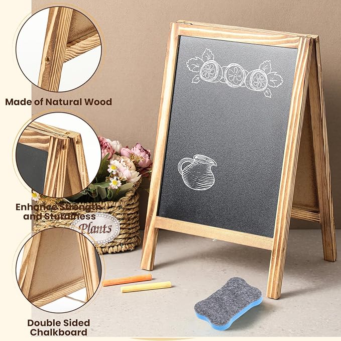 Henoyso 2 Pcs 16" x 10" Small Chalkboard Easel Tabletop Chalkboard Signs Menu Wooden A Frame Sandwich Board for Table, Double Sided with 2 Erasers for Bar Parties Display Home Decor(Brown)