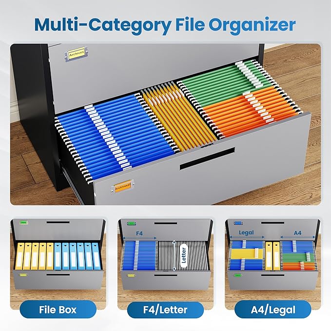 PEUKC 4 Drawer File Cabinet, Lateral Filing Cabinets for Home Office, Office Storage Drawers with Lock, Hanging Files Legal/Letter A4 Size (Assemble Required,Black Grey)
