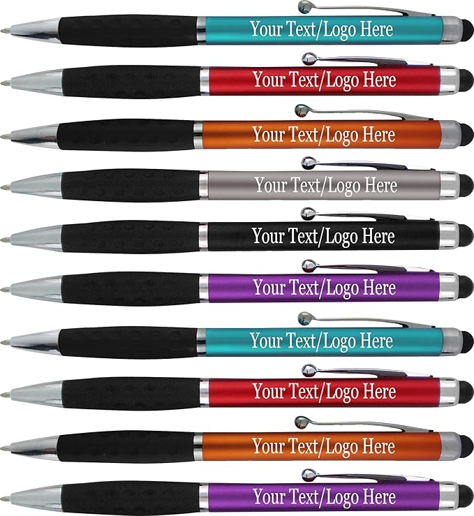SyPen Personalized Pens With your Custom Logo or Text-600 Pack Bulk-for Businesses, Parties, and Events, 2 in 1 Ballpoint Pen & Stylus for Touchscreen Devices, Dark Assorted Barrels, Black Ink