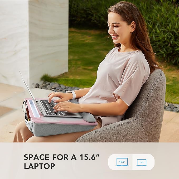 HUANUO Lap Laptop Desk - Portable Lap Desk with Pillow Cushion, Fits up to 15.6 inch Laptop, with Anti-Slip Strip & Storage Function for Home Office Students Use as Computer Laptop Stand - Pink