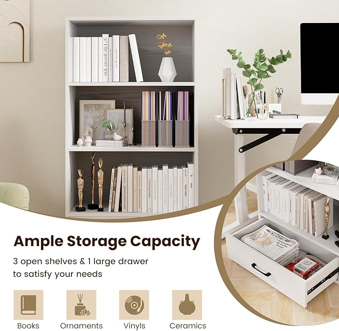 LOKO 4-Tier Bookcase with Storage Drawer, Modern Organizer Display Storage Shelves with Anti-toppling Device, Freestanding Bookshelf with 3 Open Shelves & 1 Drawer, Living Room, Study, Office (White)