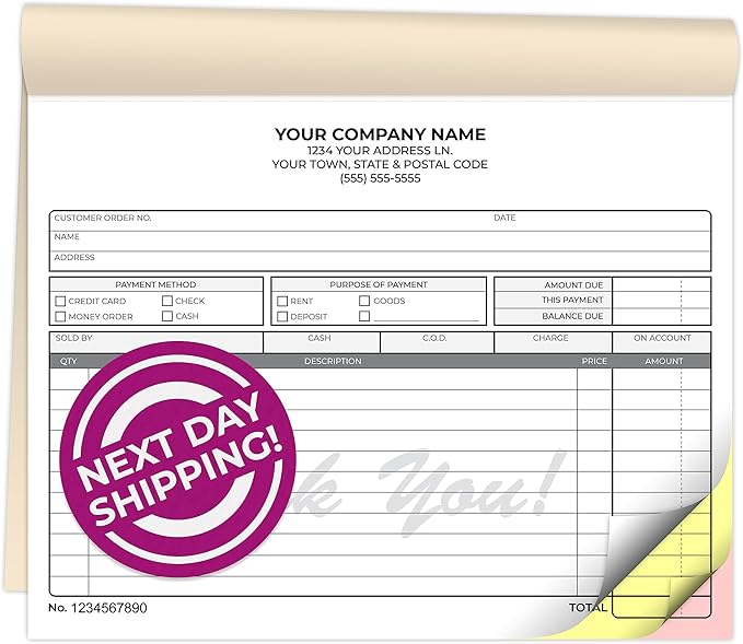 Custom 8.5" x 7" Carbonless NCR Books in 3-Part Triplicate Invoices, Receipts, Work Orders, Sales Orders, Purchase Orders, Estimates, Quote Forms with Your Company/Business Name (66 Sets)