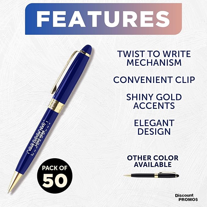DISCOUNT PROMOS 50 Ultra Executive Pens Pack - Customizable Text, Logo - Twist To Write, Gold Accent - Blue