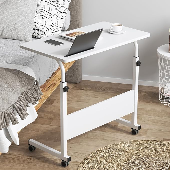 DlandHome Rolling Desk Adjustable Standing Desk, Mobile Side Table 31.4 Inches w/Wheels Adjustable C Table Movable Portable Laptop Computer Stand for Bed Sofa,White