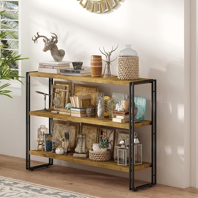 HCHQHS 3-Tier Rustic Wood and Metal Industrial Bookcase - 40in, for Home Office, Bedroom, Kitchen, Bathroom