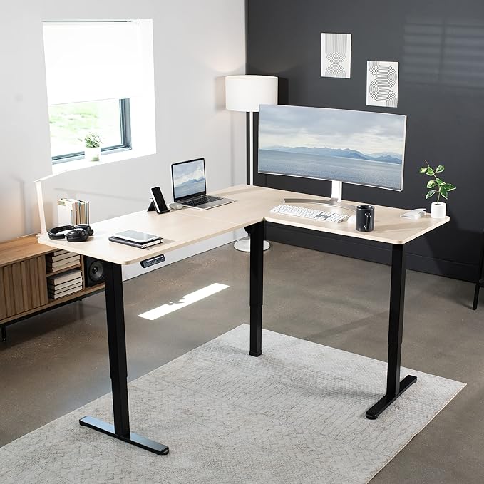 VIVO Electric Corner 63 x 55 inch L-Shaped Standing Desk, Memory Height Adjustment, Light Wood Top Black Frame, DESK-E3CTBC