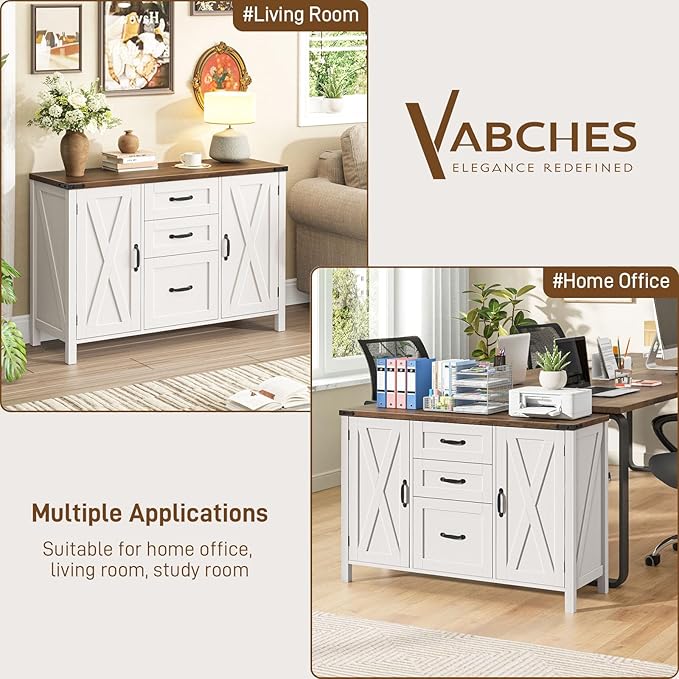 Vabches File Cabinet with 3 Drawers, Farmhouse Lateral File Cabinet Fits Files Letter/A4 Size, Wooden Filing Cabinet with Door and Adjustable Shelves Printer Stand for Home Office, Rustic White