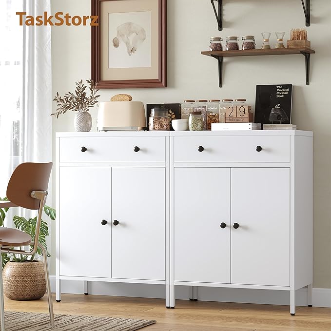 TaskStorz Metal Storage Cabinet with Drawer and Adjustable Shelf, 2-Piece Set White Steel Sideboard Buffet Cabinet, Coffee Bar Cabinet for Kitchen, Dining Room, Entryway