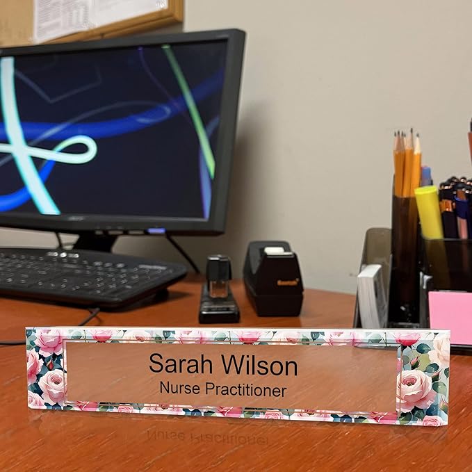 Signs ByLITA Floral Pattern Customized Nameplate | Rose Blush Personalized Full Color Acrylic Desk Sign