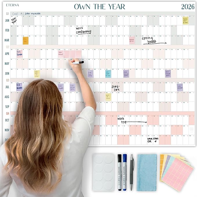 Own the Year 2026 GIANT Wall Calendar | 4ft x 3ft Full Year Dry Erase Large Planner, January '26 to December '26 Big Whiteboard Wall Calendar with Markers, Sticky Notes & Mounting Kit, Jumbo Quarterly Layout for Home or Office