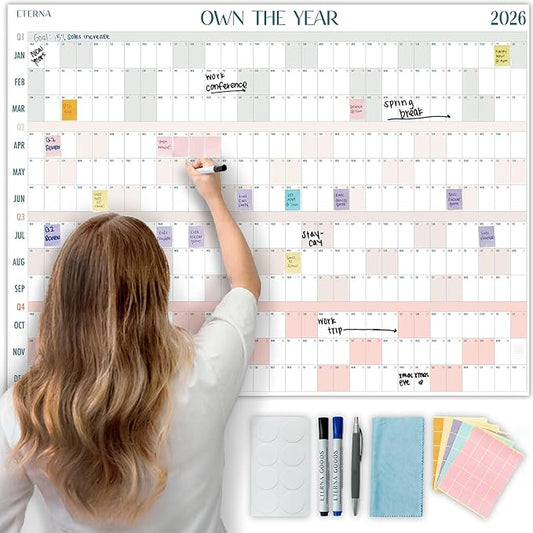 Own the Year 2026 GIANT Wall Calendar | 4ft x 3ft Full Year Dry Erase Large Planner, January '26 to December '26 Big Whiteboard Wall Calendar with Markers, Sticky Notes & Mounting Kit, Jumbo Quarterly Layout for Home or Office