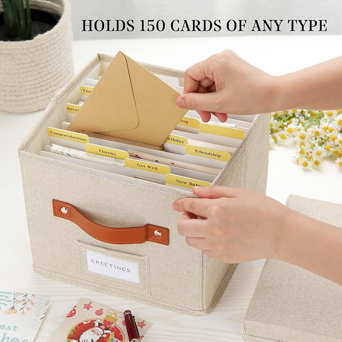 TARSUKA Greeting Card Organizer with dividers - Storage Box with lid Holds 150+ Cards - Assortment Box for Greeting Cards,Recipes, Photos, Envelopes, Keepsake - 9 x 9 x 7 Inches (Beige, 2 pcs)