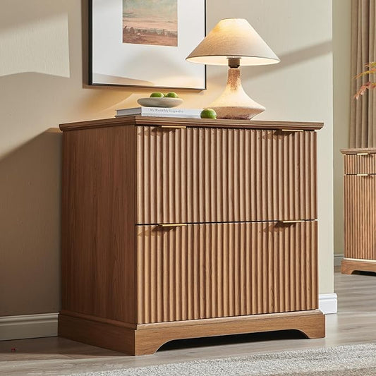 JXQTLINGMU 2 Drawer File Cabinet with Charging Station, 30" Fluted Lateral File Cabinet w/Files Hanging Rod for Letter/Legal/A4, Large Tabletop for Printer, Office Wood Printer Cabinets, Dark Grain