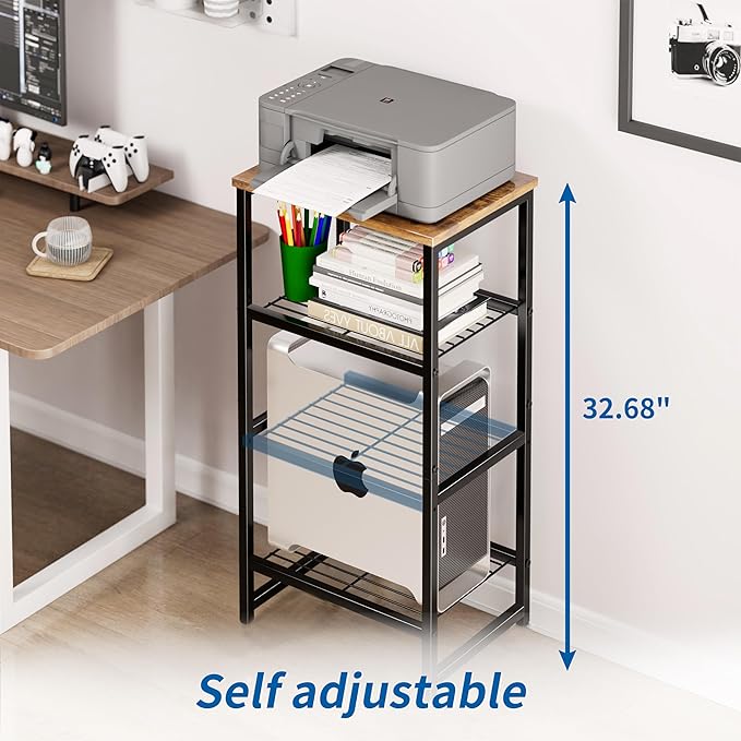 GEORIS 4 Tier Printer Stand, Spacious Floor Mount, Metal, Industrial, Printer Table Holder with Storage Shelf for Home Office Fax Machine Scanner