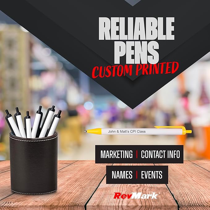 RevMark Personalized Ballpoint Pen, Custom Printed Name, Business or Event Information, Timeless Advertising, USA Made Pens, Promotional Marketing, Smooth Black Ink, Bulk Pack (Yellow,250 Ct)