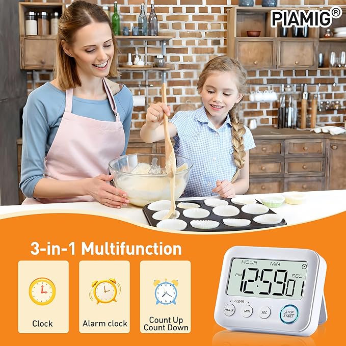 PIAMIG Digital Kitchen Timer Alarm Clock for Cooking, Large LCD Display Multi-Function, Strong Magnetic with Loud Alarm, Digital Timer for Kids,Teachers,Classroom, Exercise or Work (White)