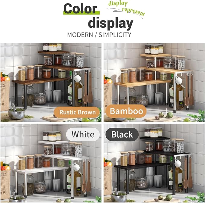 BMOSU Kitchen Corner Shelf Countertop Organizer with Hooks Adjustable Spice Rack Corner Display Rack Shelf Cabinet Counter Shelves(Black)