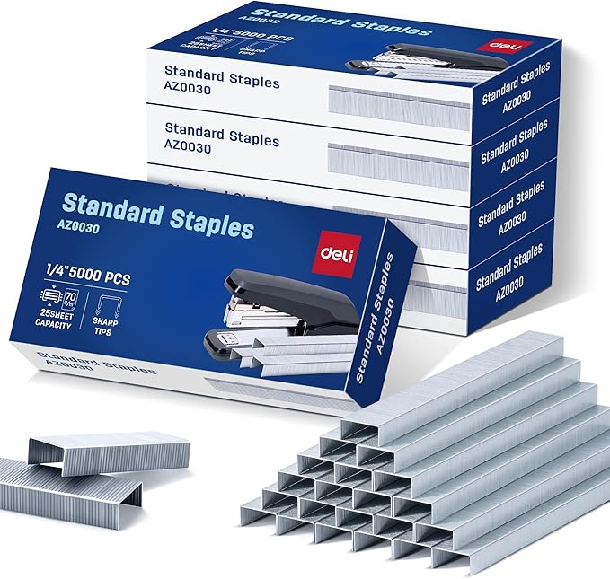 Deli Staples, 25000 Staples, Standard Staple for Desktop Staplers, 1/4'' Length, 210/Strip, 5 Boxes of 5000 Each