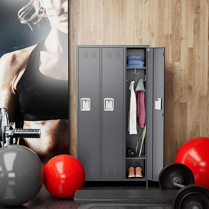 SUPEER Metal Employee Lockers with 3 Doors,Metal Locker with 9 Hooks for Office Gym Garage Home,Assembly Required,Dark Grey