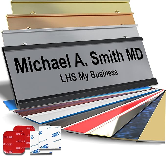 Personalized Name Plate with Choice of Mounting Holders for Walls, Doors, Cubicles, Hanging and More - Custom Gray Plastic Black Letters - USA Made 2x10 - B8