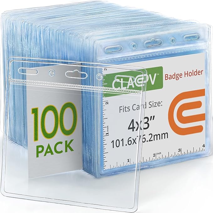 Claev - Horizontal Flexible and Tear Resistant Card Protector - Clear, 4x3 Inch, 100 Pack - Large Easy Open Plastic ID Name Badge Holders for Conferences, Conventions, Offices & Schools