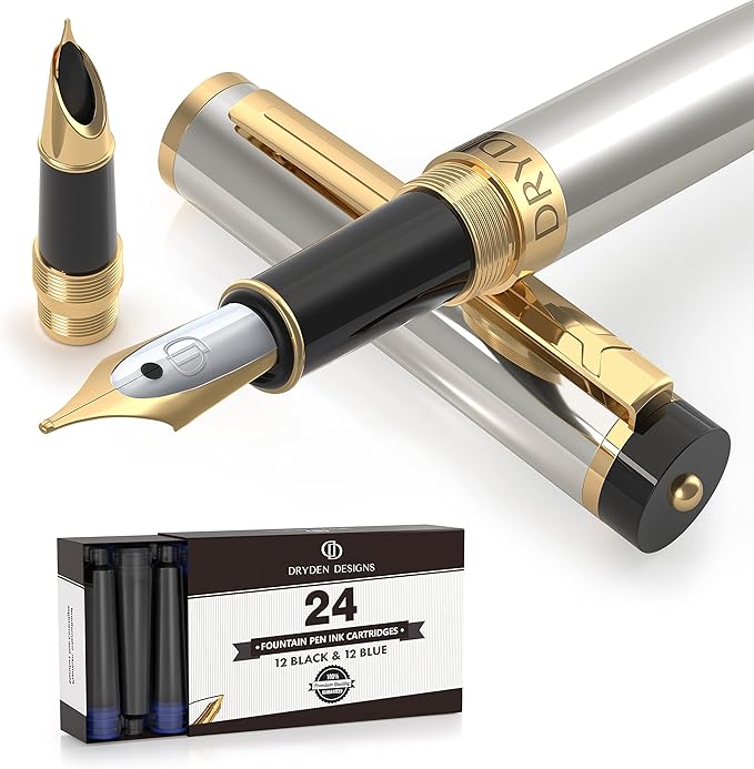 Dryden Designs Fountain Pen - Medium and Fine Nibs - Metallic Silver - Includes 24 Ink Cartridges - 12 Black and 12 Blue.