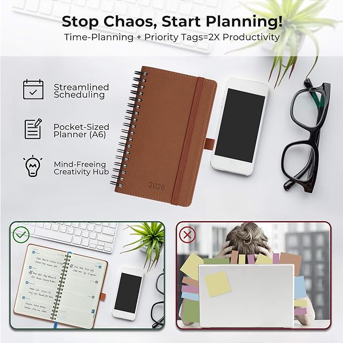 IN-LUXPRO Planner 2026 Daily Weekly and Monthly,6.5"x3.75",12 Months Spiral Bound Calendar Agenda with Self-adhesive Pen Holder,2026 Appointment Book with Vegan Leather Soft Cover,Brown