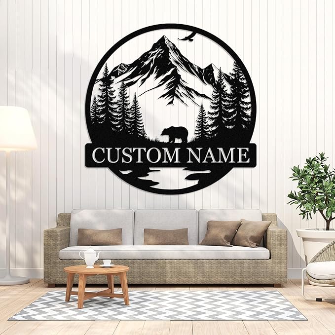Dyoart Personalized Bear Metal Cabin Sign | Custom Signs Outdoor Metal | Cabin Decor | Family Sign | Rustic Cabin Bear Sign | Gifts for Hunters | Metal Art Wall Decor for Living Room Bedroom